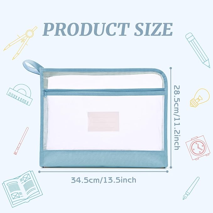 Mesh Zipper Pouch Bag with Handle, A4 Sized Double-Layer Clear Nylon Document Bags with Label, 14 x 10 in File Storage Organizer for School Office Travel Supplies (Blue)