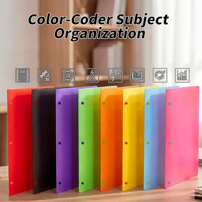 16 Pack Plastic Folders with Pockets 3 Hole Punched, Assorted Colors – Durable 2-Pocket Plastic folders for 3 Ring Binder Folder, Letter Size Folders for Office, High School & Back to School
