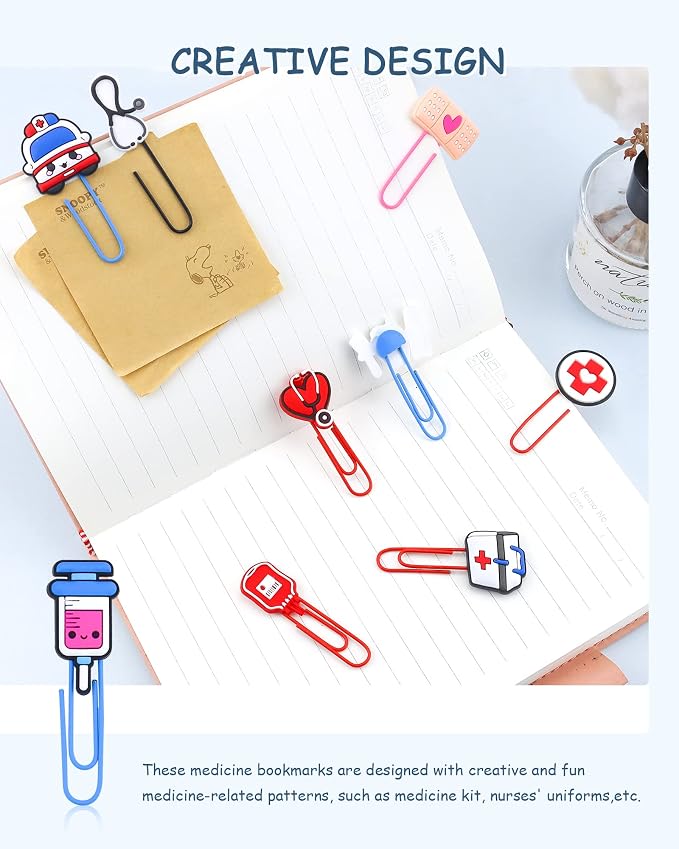 15 Pcs Cute Bookmark Paper Clips Cartoon Silicone Bookmarks with Colorful Paperclips for Girls Student Stationery Nursing Student Essentials