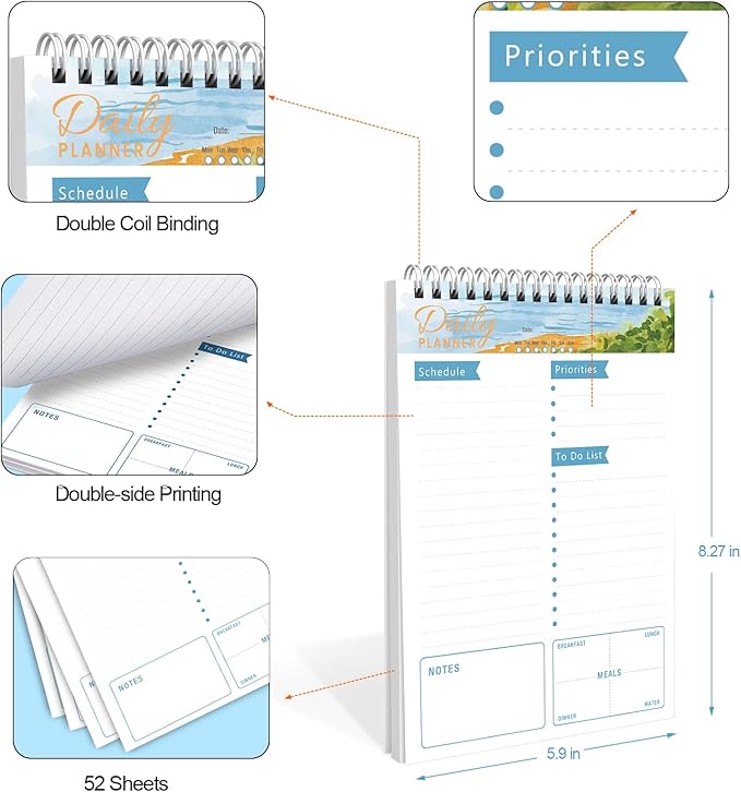 To Do List Notebook Daily Planner A5 CheckList Pad 52 Sheets, 5.9" x 8.2" Daily Schedule Goal and Tasks Setting Notepad Productivity Planner, Spiral Appointment Organizers, A5-LB