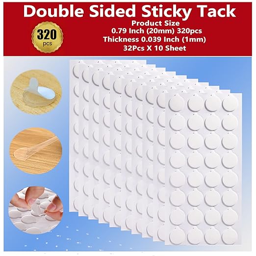 Double Sided Adhesive Dots Mounting Putty Sticky Tack Clear Removable Round Glue Tape for Wall Crafts Festival Party Decorations (320PCS 0.79in)