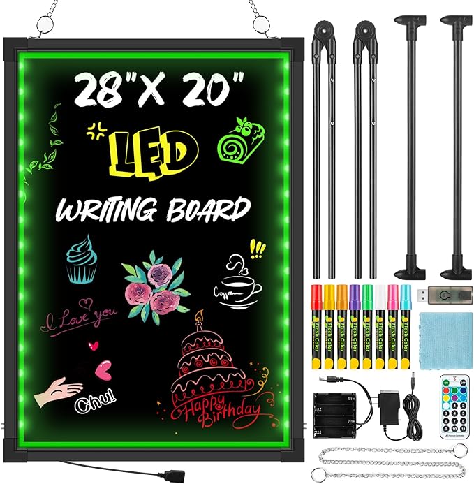 LED Message Board, 28"x20" Flashing Neon Effect & Remote Control, Illuminated Erasable Signage Board for Restaurants/Bars/Cafes, Includes 8 Fluorescent Chalk Markers