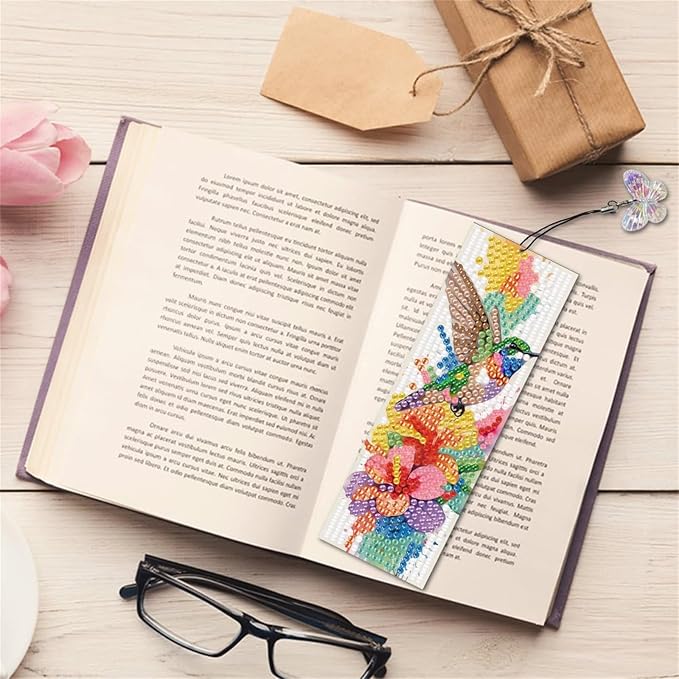 3Pcs DIY Diamond Art Painting Bookmarks with Colorful Butterfly Pendant PET Bookmark Ornament Double Sided Pattern Single Sided Diamond Book Marker Clip Gifts Tags-Flower Hummingbird