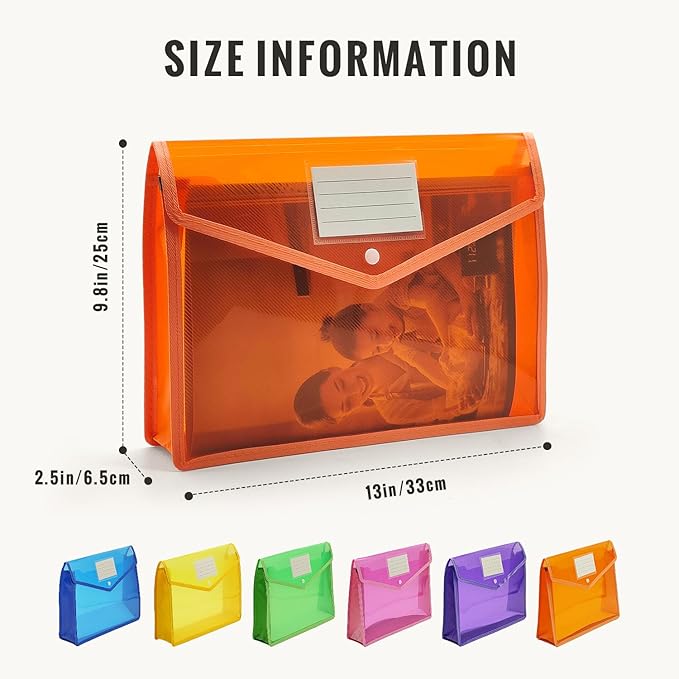 Plastic Expanding File Folder, Envelope Folders for Documents, Waterproof Transparent Expandable File Folder, Large Capacity, Fit Letter/A4 Size (Multicolor-6 Pack)