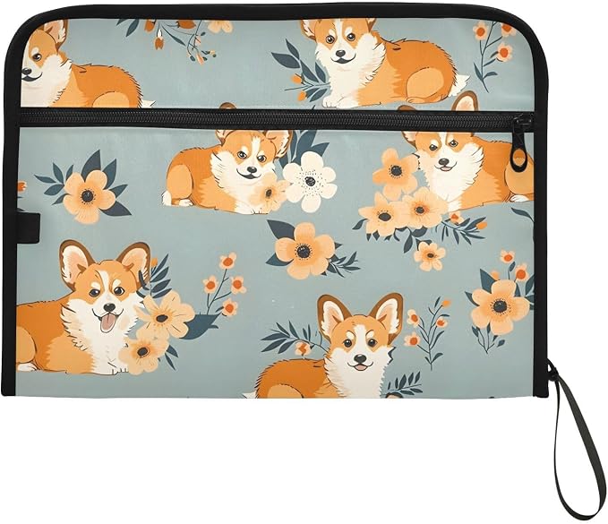 Expanding File Folder Corgi Flower Cute Accordion File Organizer 13 Pockets Document Organizer with Zipper Labels A4 Letter Office Storage