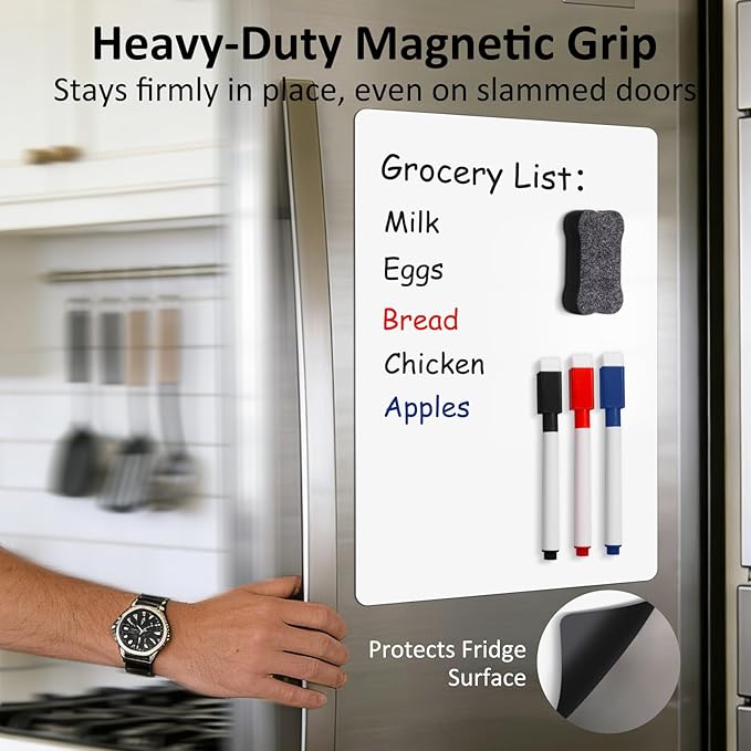 Magnetic Whiteboard for Fridge 18"x12": Magnet Dry Erase Board Sheet for Kitchen Curved Refrigerator as Grocery List Organizer with Markers and Eraser