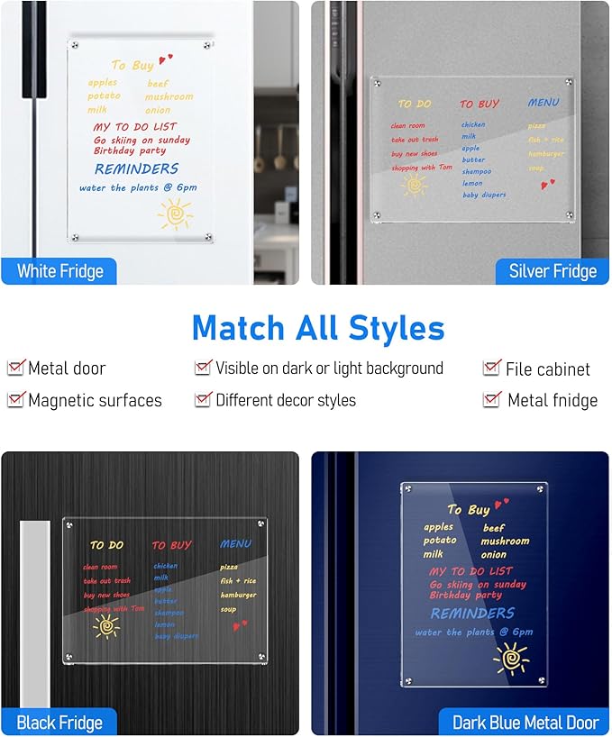 Clear Acrylic Magnetic Dry Erase Board for Fridge,12"x8" Magnetic Whiteboard for Fridge, Magnet Weekly Planner Calendar for Refrigerator Includes 6 Colors Markers