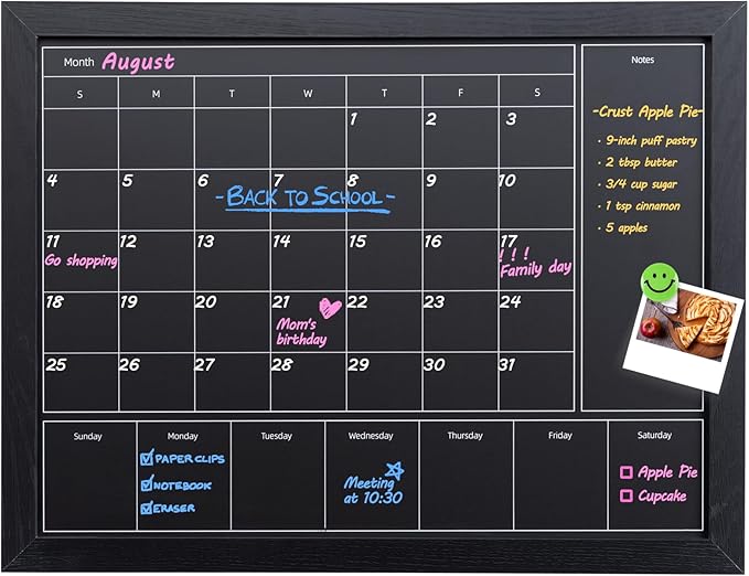 3-in-1 Chalkboard Calendar for Wall, 17x13 inches Magnetic Monthly & Weekly Calendar, Blackboard for Wall with Black Wood Frame, Hanging Chalkboard for Decor/Memo(YL+ZL-HB-BK,4333)