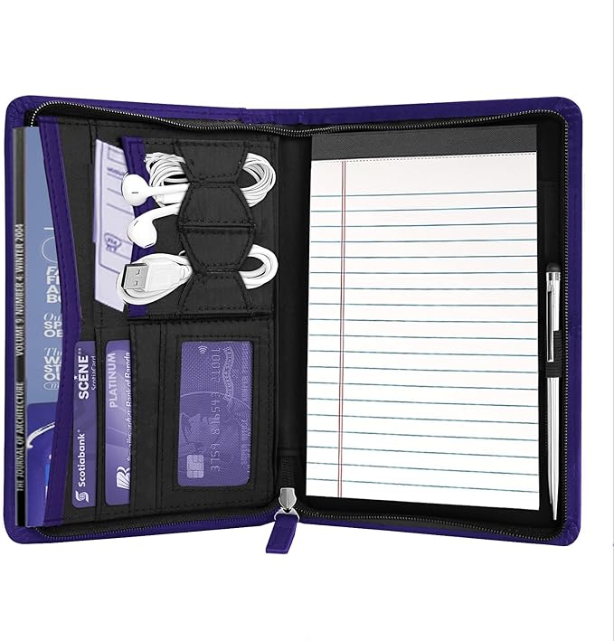 Junior Padfolio Portfolio with 5 x 8 Writing Pad, A5 Business Portfolio Binder Folder Organizer Multi-Function Combination Case for Men Women, Dark Purple
