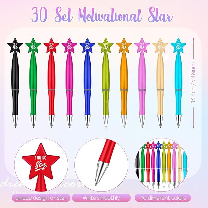 Sayglossy 30 Set Star Pens Bulk Employee Appreciation Week Gifts Thank You Inspirational You're a Star Bookmark Luminous Resin for Nurses Volunteers Staff Coworker Administrative Professionals Day