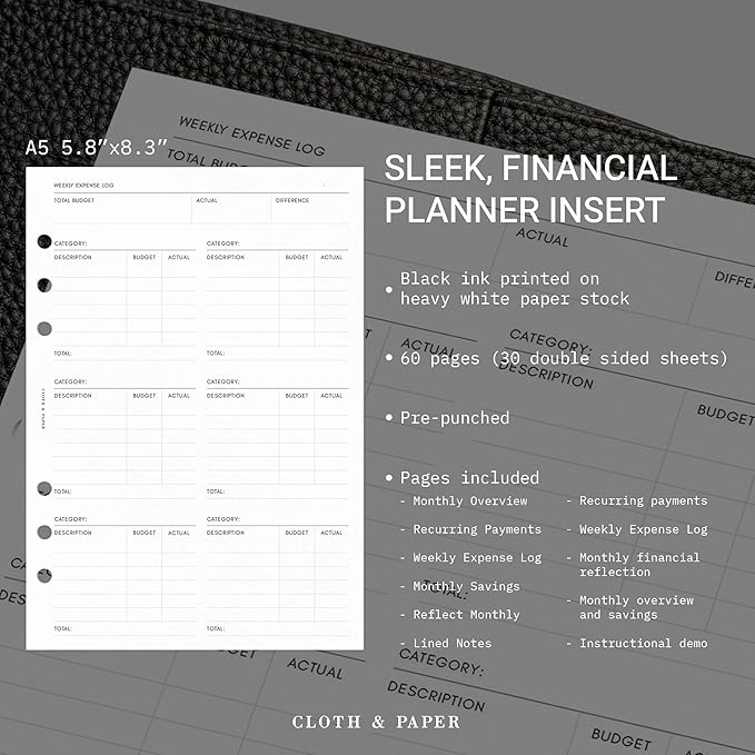 Cloth & Paper Financial Planning Inserts – A5 Size, 6-Ring Planner Refill – 60 Pages (30 Double-Sided) for Budgeting, Savings, Recurring Payments & Expense Tracking – Minimalist Finance Organizer