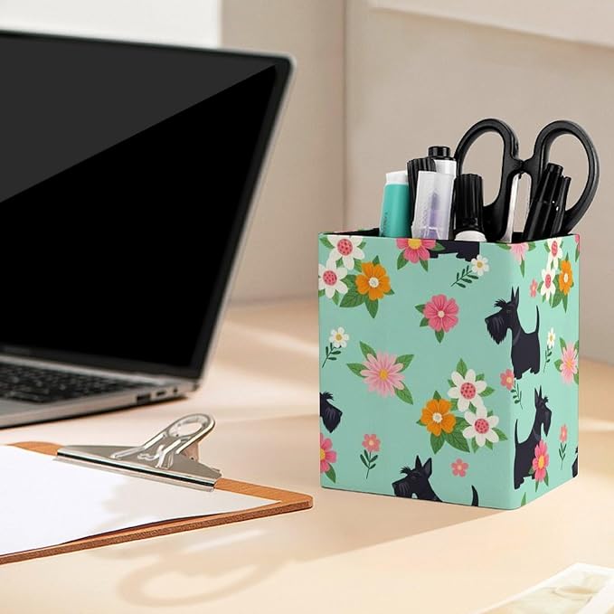 Men's Fashion Pencil Pen Holder Cup, Waterproof Office Supplies, Waterproof Multifunctional Office Supplies Black Scottie Dog Floral