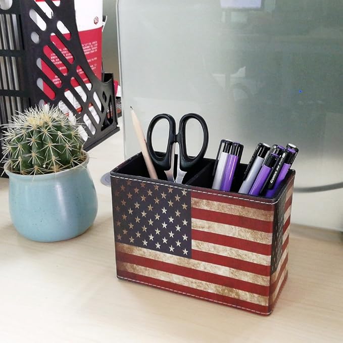 DreamsEden Pen Holder, Vintage American Flag Pencil Cup Desktop Pen Organizer for Desk Office Home Patriotic Decor
