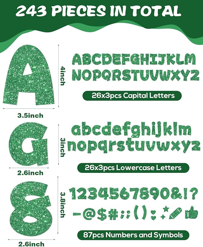 243 Pcs Glitter Bulletin Board Letters Set, 4 Inch Alphabet Poster Board Cardboard Cutouts with Numbers and Punctuation, Classroom School Wall Display Decorations (Green)