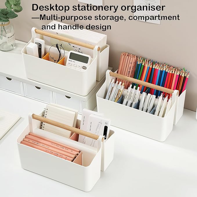 Desk Organizer, Pen Holder, Marker organizer with 8 Compartments - Portable Plastic Pencil Storage Box for Office Supplies, Art Materials, Home Organization (White Large)