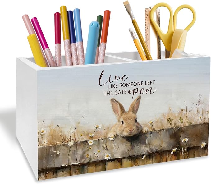 Rustic Daisy Bunny Pen Holder for Desk, Bunny Rabbit Lover Gifts Pencil Organizer, Live Like Someone Left the Gate Open Wooden Box Sign Desk Decor for Home Office Decoration