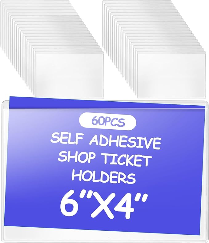 Outus 60 Pcs Self Adhesive Shop Ticket Holders Clear Plastic Sleeves Adhesive Pockets Work Order Job Ticket Holders for Back to School Student Label Home Office Posting Signs (6 x 4 Inch)