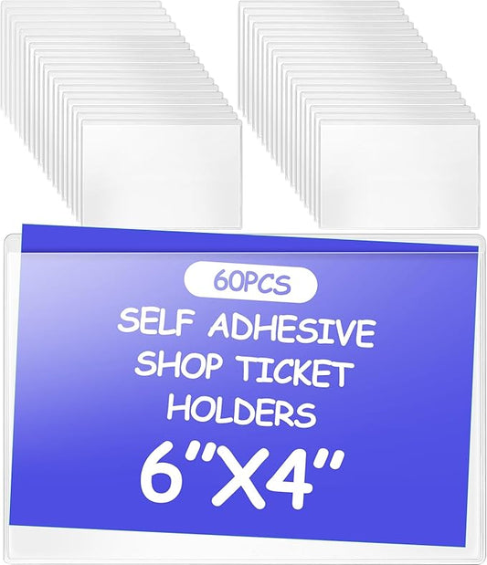 Outus 60 Pcs Self Adhesive Shop Ticket Holders Clear Plastic Sleeves Adhesive Pockets Work Order Job Ticket Holders for Back to School Student Label Home Office Posting Signs (6 x 4 Inch)