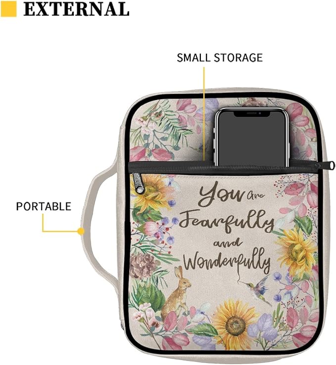Coldinair Sunflower Hummingbird Floral Print Bible Covers Bag for Women Teens Kids,Carrying Book Case Church Bag Bible Holder with Handle and Zippered Pocket