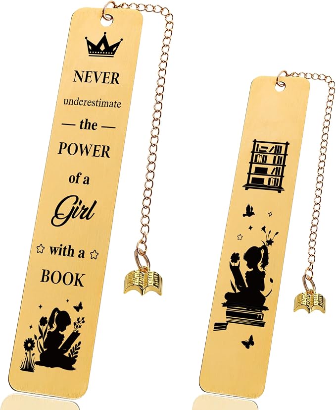 Inspirational Bookmark Gifts for Girls Women - Never Underestimate The Power of a Girl with a Book, Gift for Book Lovers Teachers Friends Readers Students Graduation Birthday Christmas (Gold)