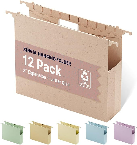 XINGIA Plastic Hanging File Folders Letter Size, Heavy Duty 2" Expansion, 12 Pack Reinforced Hanging Folders with Adjustable Tab for Bulk Files/Medical Charts, Ideal School Classroom Office Supplies