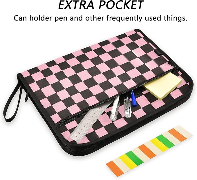 Black Pink Checkerboard Accordion File Organizer Expanding Document Folder with 13 Pockets Portable File Folder for A4 Letter Size