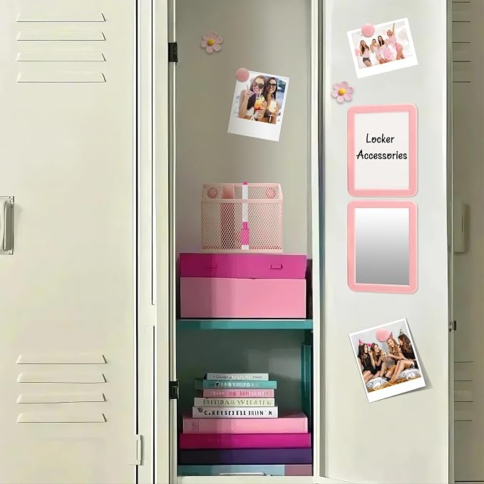 Magnetic Locker Accessories Set, Back to School Essentials (with Magnetic Whiteboard, Locker Mirror, Pen Holder, Marker, Round Magnet) School Locker Decor, Work Locker Organizers-Pink
