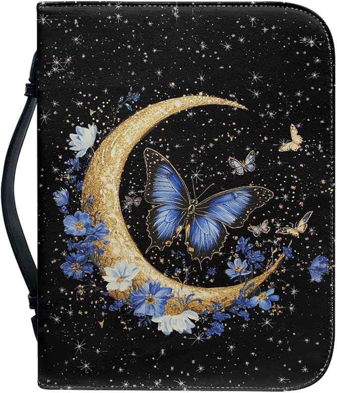 Purple Butterfly Bible Bag Bible Carrying Case for Women Moon Print Bible Cover Vegan Leather Carrying Book Case Christian Gifts for Women Size：L
