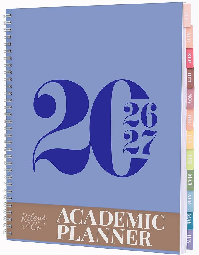 Rileys Academic Planner 2026-2027, Daily, Weekly & Monthly Planner, July 2026 - June 2027, Student Notes Pages, Twin-Wire Binding, Weekly Agenda for School & Work (8.5 x 11-Inches, Typographic, Blue)