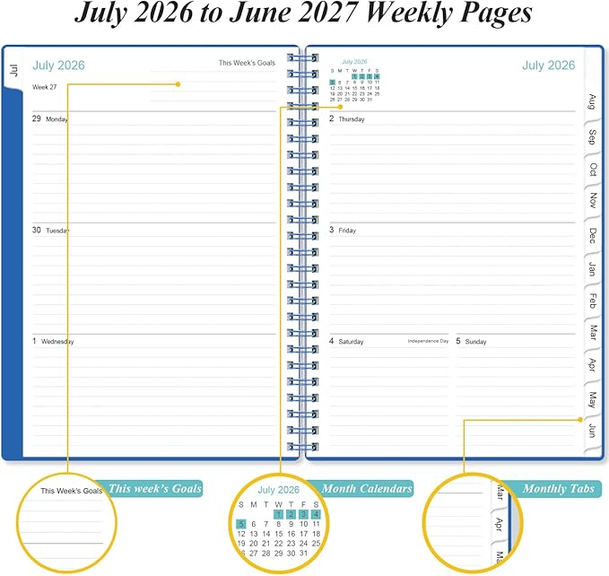 2026-2027 Planner - Planner 2026-2027 from July 2026 - June 2027, Weekly & Monthly Planner Spiral Bound with 12 Monthly Tabs, Inner Pocket, 6.4" x 8.5", Blue