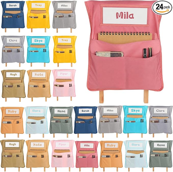 24pcs for Classroom 16.3x19.7inch Classroom Chair Pockets with Name Tag 3 Pockets Chair Organizer for Teacher Student School Office(Boho)