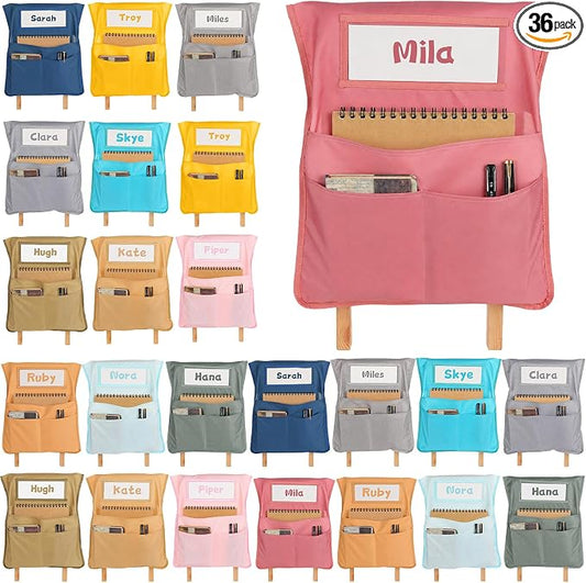 36pcs for Classroom 16.3x19.7inch Classroom Chair Pockets with Name Tag 3 Pockets Chair Organizer for Teacher Student School Office(Boho)