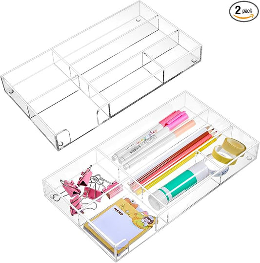 Briwooody 2 Pcs Clear Acrylic Desk Drawer Organizer 11 x 6 x 1.38 Inch Drawer Organizer Trays with 6 Compartments Desk Accessories for Office Makeup Silverware Bathroom