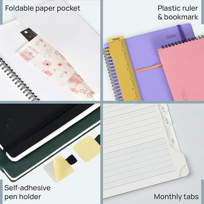 POPRUN 2026 Planner (Jan.-Dec.), Medium-6.75" x 8.75", Horizontal Weekly Notebook, 12-Month Calendar Book with Monthly Tabs, Spiral Soft Cover, Inner Pocket, 100 GSM - Aquamarine
