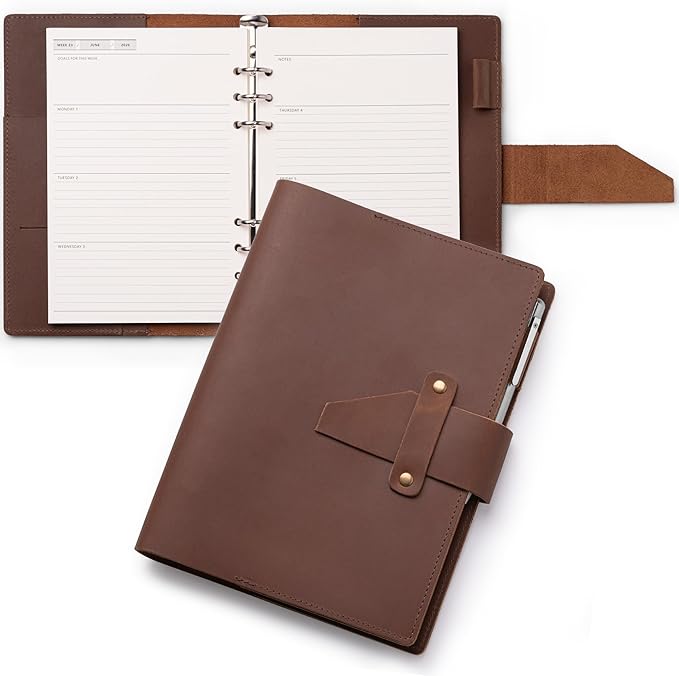 Nekmit Leather Planner 2026, A5 Refillable Runs From January 2026 to June 2027 Ring Binder 5"x8" Planner Monthly Weekly, Crazy Horse Leather Cover with Storage Pockets, Back to School Supplies