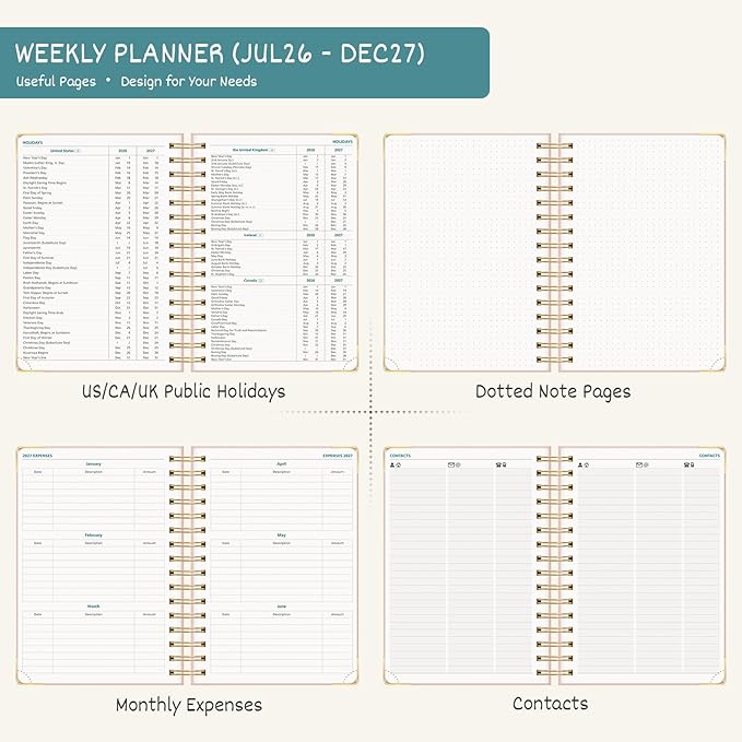 BEZEND Weekly Planner 2026-2027 (6" x 8.5") with Hourly Timeslot (Jul 26-Dec 27) 18 Months Academic Calendar - Deluxe Design - Thick 100GSM Paper, Laminated Monthly Tabs, Corner Protectors, Pink