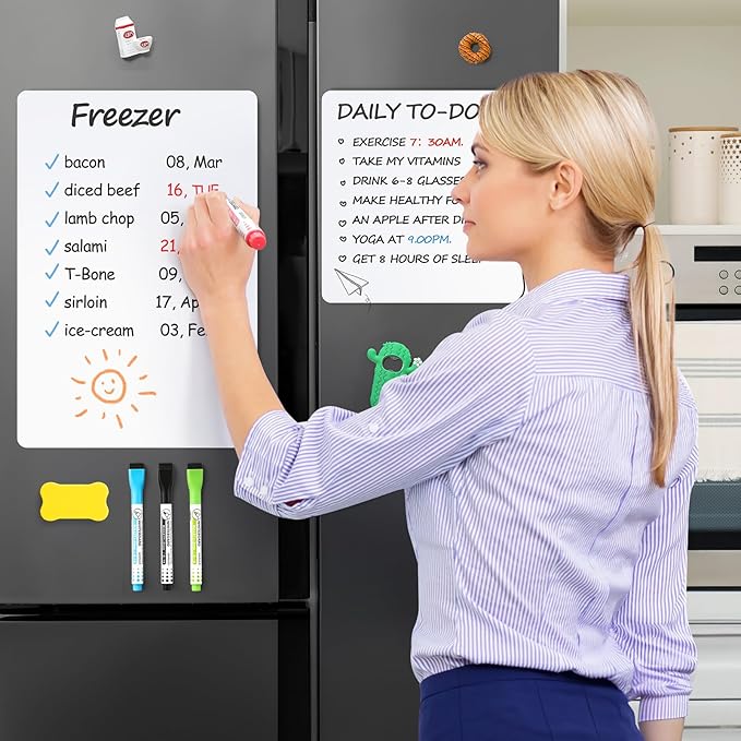 3 Pack Magnetic Dry Erase Board Sheet for Fridge, 12"x8" Erasable Refrigerator WhiteBoard w/ 6 Markers & 1 Eraser- Smooth and Flexible Small Magnet Blank Notepad for Home Kitchen Organizer and Planner