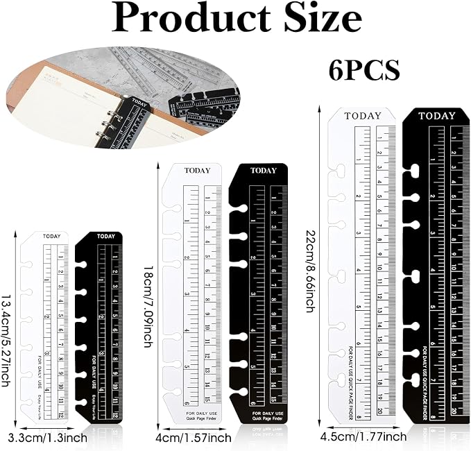 6 Pcs Black/Clear Journal Ruler Page Marker Planner Ruler Spiral Notebook Bookmark A5 6-Binder Rulers with Holes Measuring Tool