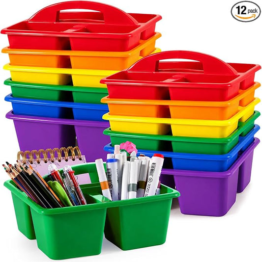 12 Pack Classroom Caddy with Handle Plastic Storage Caddy Organizer with 3 Compartments Desk Caddies Holder Portable Storage Bin for Pencil, Crayon, Marker, Home, Office, School Supply(Rainbow)