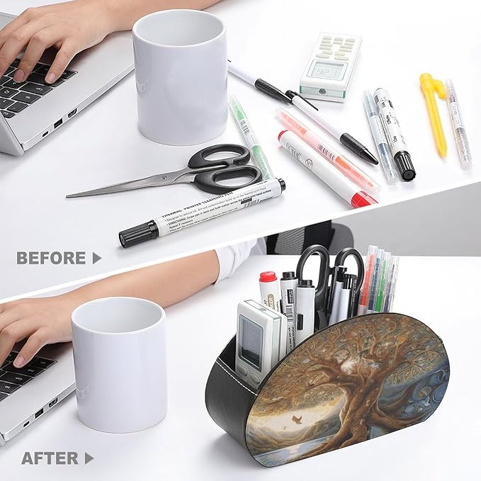 Remote Control Holders Tree of Life Printed Pu Leather Remote Caddy with 5 Compartments Desk Storage Organize for Remotes/Media Controllers/Office Supply