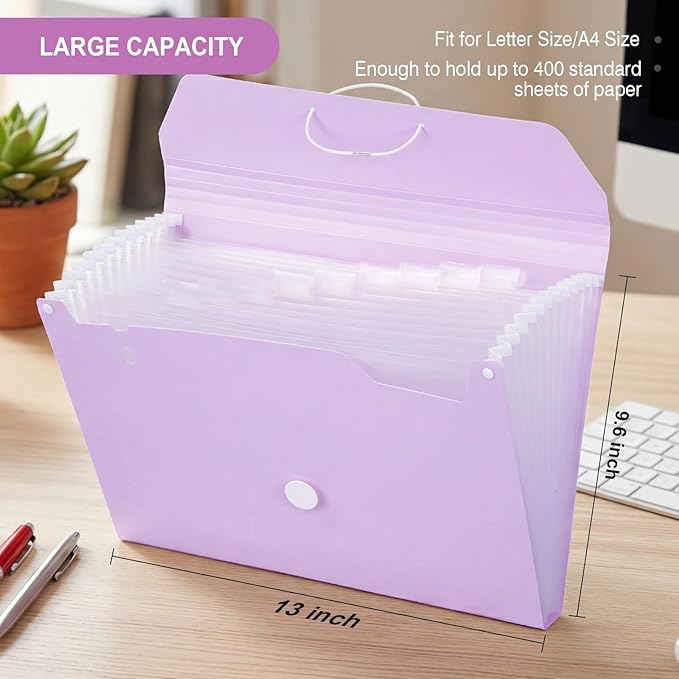 Comix Accordion File Organizer, 13 Pocket Expanding File Floder with Labels for A4/Letter Size Documents, Accordion File Folder for Office, Home, School（Purple）
