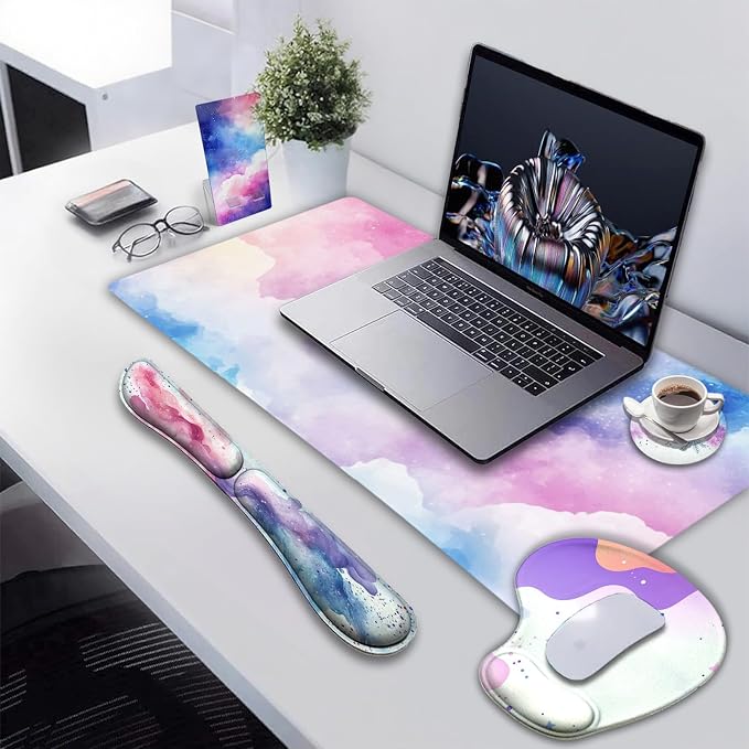AQQA Colorful Star Large Mouse Pad Set, Pink Desk Mat for Desktop, Women Girls Purple Waterproof Desk Pad,Mouse Wrist Rest+Coaster Ergonomic Design for Home Office Computer 31.5x15.7Inches