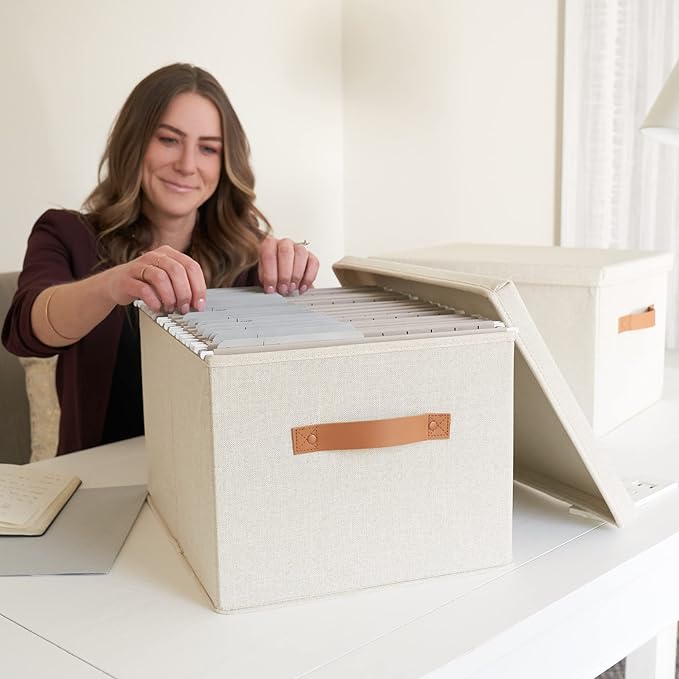 Decorative File Organizer Box Set of 2 - Collapsible Linen Filing Cabinets with Handles Are Perfect to Store All Your Documents & Hanging File Folders - Portable Easy Slide Office Crates with Lid