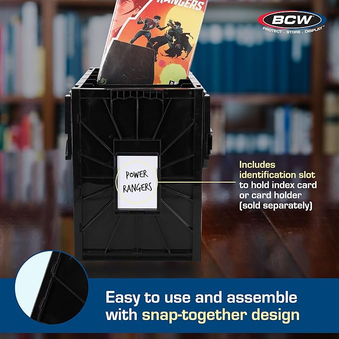 BCW Long Comic Book Bin - 5 Pack | Heavy Duty Comic Book Storage Box | Stackable Comic Bin Organizer for 300 Comics Each | Acid-Free Plastic Box with Divider & Label Slot