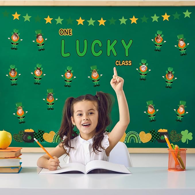108 Pcs St. Patrick's Day Bulletin Board Sets One Lucky Class St. Patrick's Day Leprechaun Classroom Bulletin Board for Irish Holiday Party Supplies Home Classroom Chalkboard Wall Door Decor