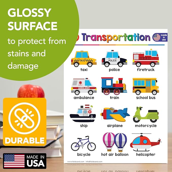 Transportation Chart for Preschool to Grade 1 – Bright and Colorful Educational Visual/Learning Aid Poster Decoration for Classroom or Home | Glossy, Durable Cardstock | 8.5" x 11" | 5 per Pack