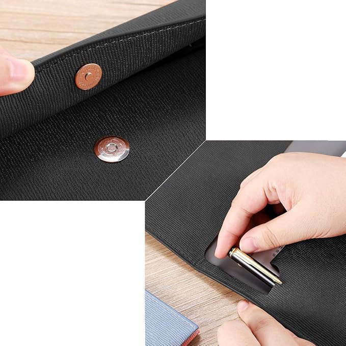 PU Leather A4 File Folder Document Holder Waterproof Portfolio Envelope Folder Case with Snap Closure Black