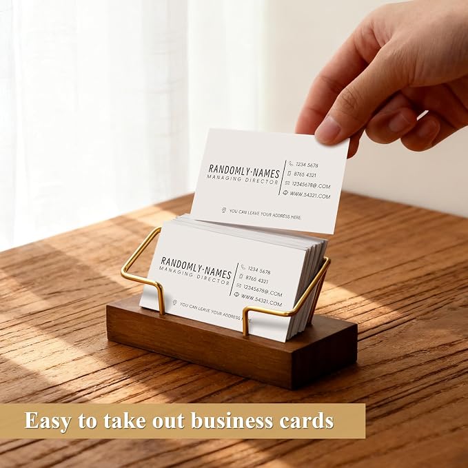 2 Pack Wood Business Card Holder for Desk, Wooden Business Name Card Display Stand Postcard Holder for Office Home Desktop,Desk Accessory Business Name Card Organizer(Walnut Color, Golden)