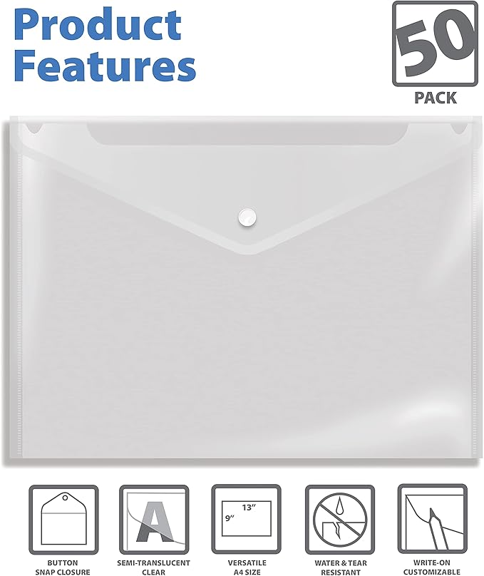 Better Office Products Clear Reusable Plastic Envelopes with Snap Closure, Plastic Document Holders, 13" x 9" XL Size for Letter Paper, Poly File Envelopes, Clear, 50 Pack