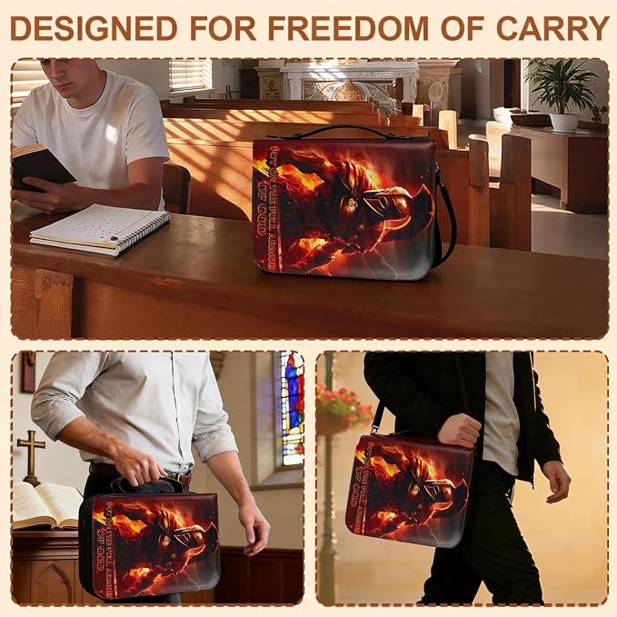 Armor of God Bible Cover Case for Boys Men, Leather Bible Carrying Case Bag with Shoulder Strap and Handle, Faith Warrior Christian Gifts for Men, XL